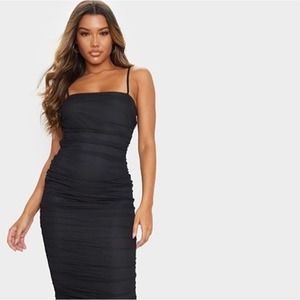 PrettyLittleThing Black Strappy Mesh Ruched Midi Dress Size 6 Square Neck Sexy
